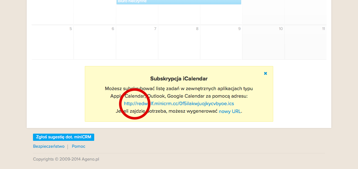 Lokalizacja linku do subskrypcji kalendarza w miniCRM, CRM Google Calendar